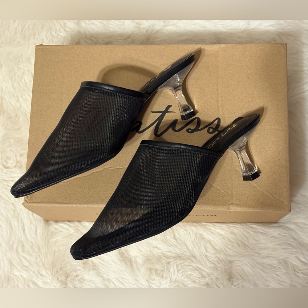 Matisse Black Mesh Mules with Clear Heels